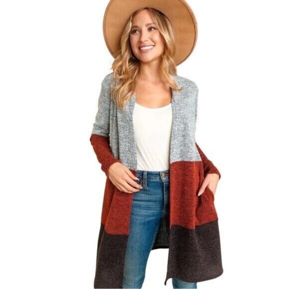 Cardigan Sweater Women Size Small Heather Gray Rust Black Knit Side Pockets - Picture 4 of 15